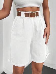 Cottnline Bermuda Belted Denim Shorts - White - View 4