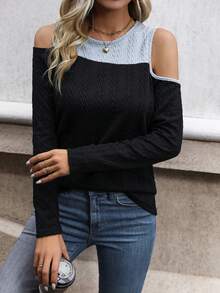 双色露肩 T 恤 图案 T 恤 女式上衣 - 彩色 - 查看 4