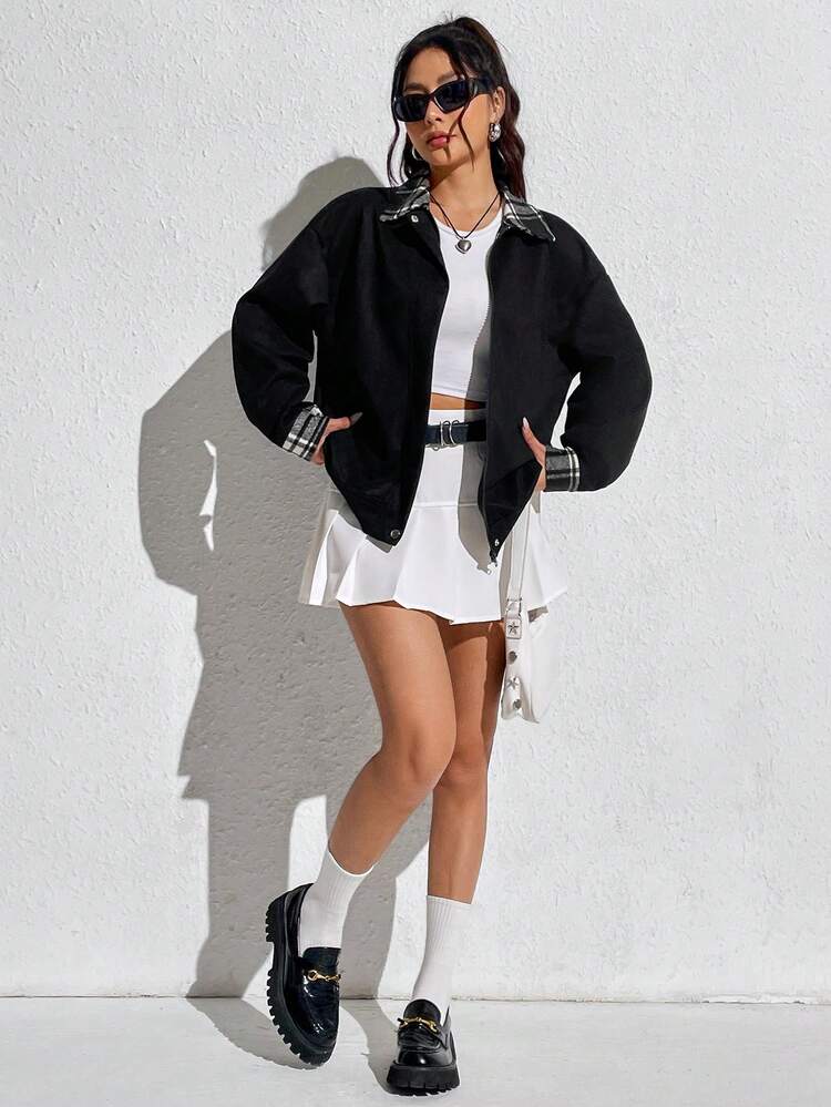 Plaid Print Drop Shoulder Zip Up Drop Shoulder 2 In 1 Coat