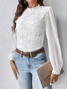 SHEIN Frenchy Guipure Lace Insert Lantern Sleeve Blouse Winter Elegant White Spring - White - View 4