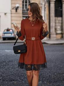 SHEIN Clasi 拼接蕾絲邊扣飾腰洋裝 - 彩色 - 查看 5