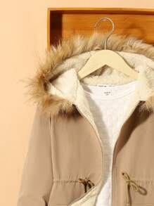 SHEIN Adolescent Garçon 1 pièce Manteau À Capuche À Cordon À Ourlet Duveteux À Doublure En Tissu Duveteux