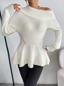 SHEIN Privé Cổ không đối xứng Lưới Thả vai Xoay eo Áo len - trắng - Xem 6