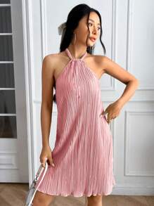 SHEIN EZwear 純色細褶掛脖吊帶吊帶洋裝 - 粉色 - 查看 6