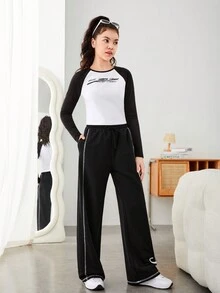 SHEIN 青少年女孩字母圖案插肩袖T恤和褲子