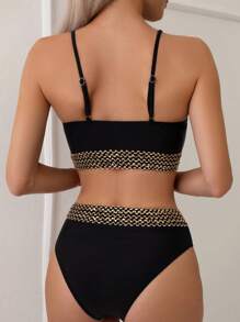 SHEIN Swim Summer Beach Contrast Trim High Waisted Bikini Set - Black - View 2