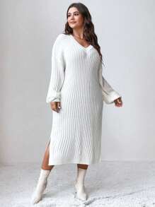 SHEIN Unity Plus Drop Shoulder Split Hem Ribbed Knit Sweater Dress Without Belt - White - View 5