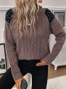 SHEIN Clasi Pearls Beaded Cable Knit Drop Shoulder Sweater - Coffee Brown - View 1
