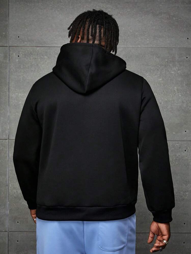 Men Plus Letter Graphic Pocket Drawstring Hoodie, For Fall Winter
