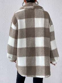 SHEIN Frenchy Buffalo Plaid Pattern Flap Pocket Drop Shoulder Teddy Coat - Multicolor - View 2
