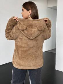 SHEIN EZwear 加大码 3D 耳朵设计落肩泰迪熊卫衣 - 卡其色 - 查看 2