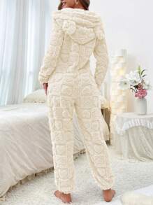 3D Ear Design Hooded Zipper Front Flannel Sleep Jumpsuit - Beige - View 2