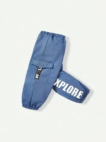 SHEIN Baby Boy Letter Tape Flap Pocket Side Thermal Lined Pants - Dusty Blue - View 1