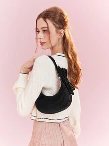 SHEIN MOD 女性黑色PU皮革單肩包帶腋下拉鍊,蝴蝶結裝飾用品,時尚和時髦極簡主義設計 - 黑色 - 查看 2