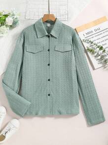 Thiếu niên cô gái Chi tiết về Flap Nút phía trước Áo sơ mi - màu xanh lá - Xem 1