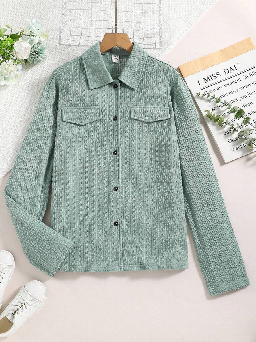 Thiếu niên cô gái Chi tiết về Flap Nút phía trước Áo sơ mi - màu xanh lá - Xem 1