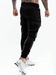 ROMWE MEN Street Life 男式闪电印花抽绳腰部翻盖口袋侧运动裤，学校