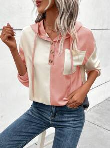 SHEIN LUNE Two Tone Half Button Drop Shoulder Drawstring Hooded Sweatshirt - Pink - View 5