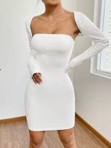 SHEIN EZwear Solid Tube Bodycon Dress & Bolero - White - View 3