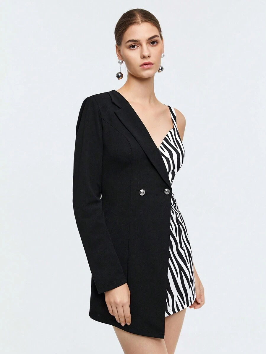 BizChic Zebra Striped Asymmetrical Neck Asymmetrical Hem Blazer Dress - Black and White - View 1