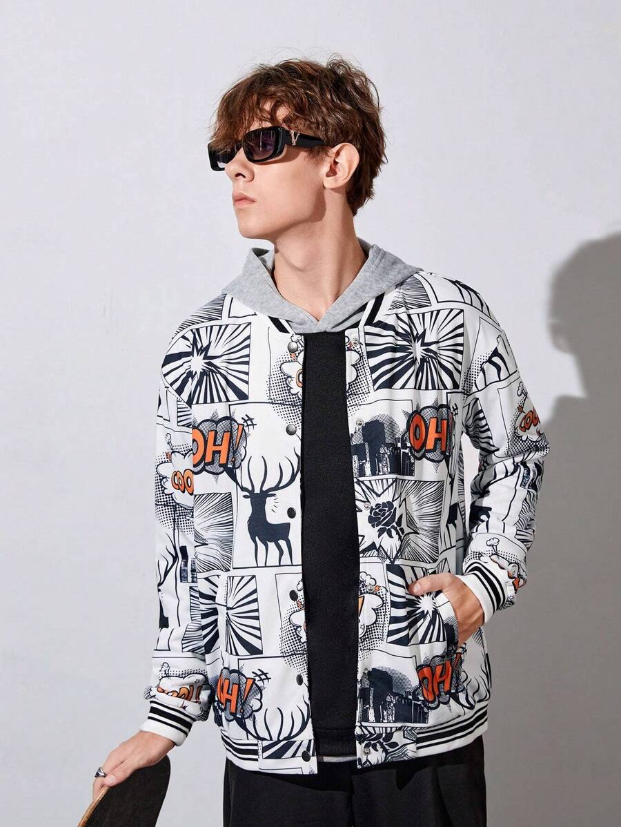 青少年男孩波普藝術圖案條紋飾邊落肩袖夾克無連帽衫 - 黑與白 - 查看 1