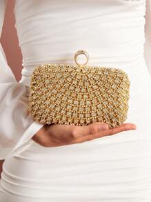 SHEIN Belle Shiny,Glitter Bling Glamorous,Elegant,Exquisite,Quiet Luxury Fashionable Evening Bag With Rhinestone Decoration Dinner Bag,Elegant Rhinestone Rhinestone,Crystal Decor,Faux Pearl For Party Girl,Woman,For Lady,Bride Perfect For Party,Wedding,Prom,Dinner/Banquet Best Gift For Women Valentines - Gold - View 3