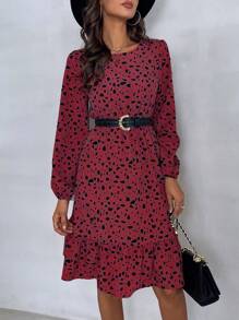 SHEIN Clasi 斑點印花燈籠袖荷葉邊洋裝不附腰帶 - 棕色 - 查看 6