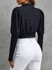 SHEIN Clasi Gigot Sleeve Zip Up Crop Jacket - Black - View 2