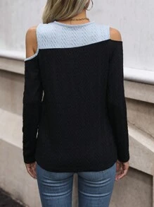 双色露肩 T 恤 图案 T 恤 女式上衣 - 彩色 - 查看 2