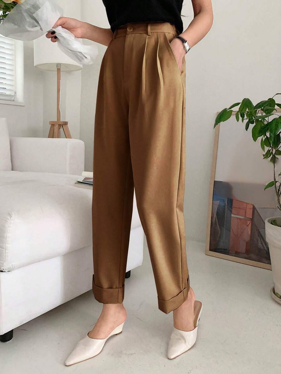 DAZY Women's Solid Color Pocket & Pleated Business Casual Long Pants Women Dress Pants - Mocha Brown - View 1