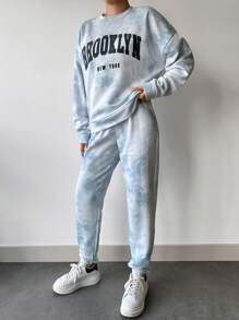 EURMUSE Tie Dye Letter Graphic Drop Shoulder Sweatshirt & Sweatpants - Multicolor - View 5
