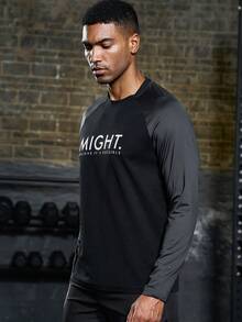 Men Letter Graphic Raglan Sleeve Sports Tee Workout Tops - Black - View 6