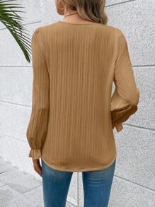 SHEIN LUNE 鏤空蕾絲花邊喇叭袖襯衫 - 卡其色 - 查看 2