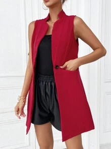 SHEIN Essnce 純色翻蓋細節無袖西裝外套 - 紅色 - 查看 4