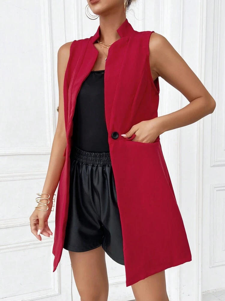 SHEIN Essnce Solid Flap Detail Sleeveless Blazer - Red - View 4