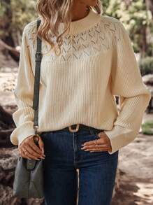 SHEIN LUNE Pointelle Knit Raglan Sleeve Sweater - Beige - View 3