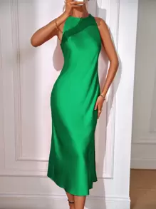 SHEIN Clasi Chất rắn Tách đùi Đầm - màu xanh lá - Xem 5