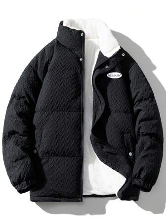 Men Letter Patched Detail Teddy Lined Padded Coat