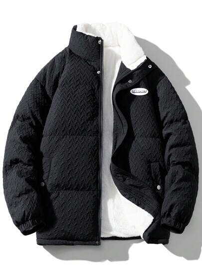 Men Letter Patched Detail Teddy Lined Padded Coat