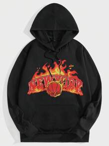 ROMWE MEN Prep Các bạn Đồ họa chữ & lửa Dây rút Hoodie - màu đen - Xem 1