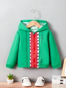 Young Boy Cartoon Graphic Hooded Jacket - Green - View 1