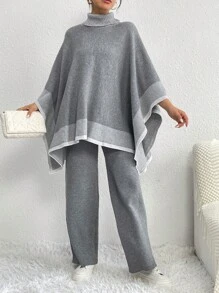Turtleneck Batwing Sleeve Sweater & Knit Pants - Grey - View 1