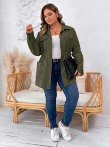 SHEIN LUNE Plus Flap Pocket Elastic Waist Coat - Army Green - View 5