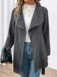 SHEIN LUNE Waterfall Collar Open Front Belted Overcoat - Dark Grey - View 3