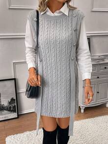 SHEIN Clasi 1pc Button Detail Cable Knit Sweater Vest - Grey - View 5