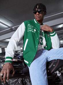 Manfinity RebelGame Men Letter Graphic Two Tone Varsity Jacket - Dark Green - View 6