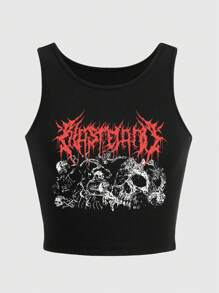 ROMWE Grunge Punk Letter Skull Pattern Cropped Tank Top, School - Black - View 1