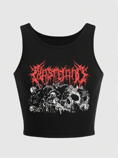 Grunge Punk Top corto tipo tank con estampado de calavera de letra, escuela