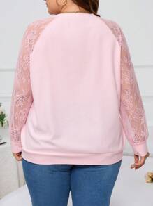 SHEIN LUNE Hơn Ren tương phản Tay Raglan Chi tiết Nút Áo nỉ - Hồng - Xem 2