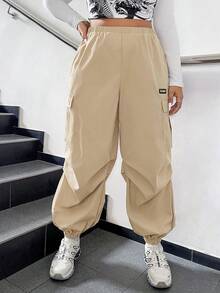 SHEIN EZwear Plus Letter Patched Detail Flap Pocket Side Cargo Pants - Khaki - View 5